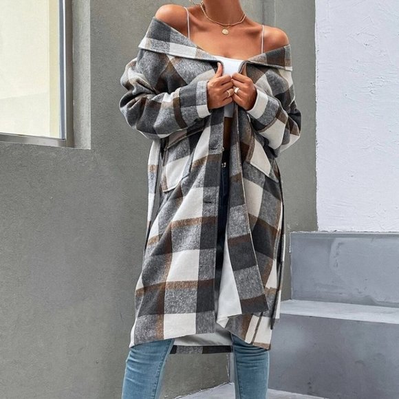 button down belted overcoat jacket fall plaid print - Picture 4 of 6